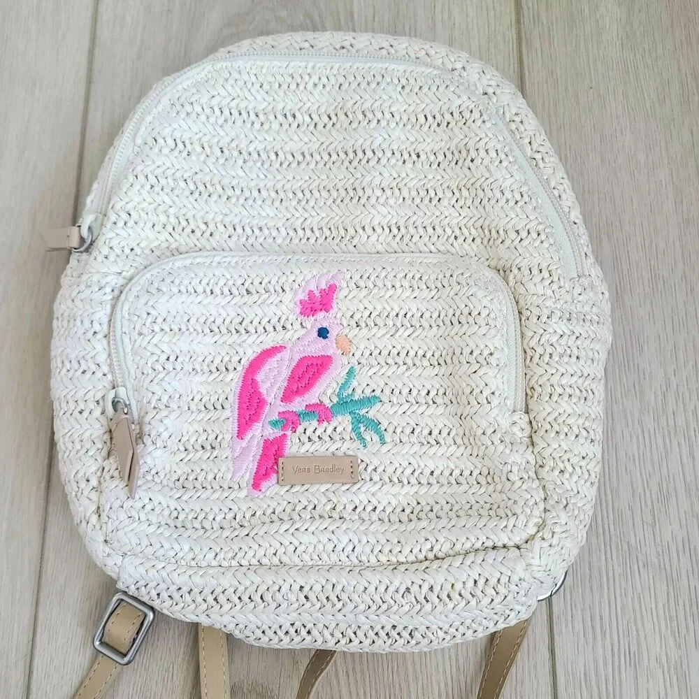 Vera Bradley Straw Mini Convertible Backpack Light‎ Natural Pink Tropical Bird